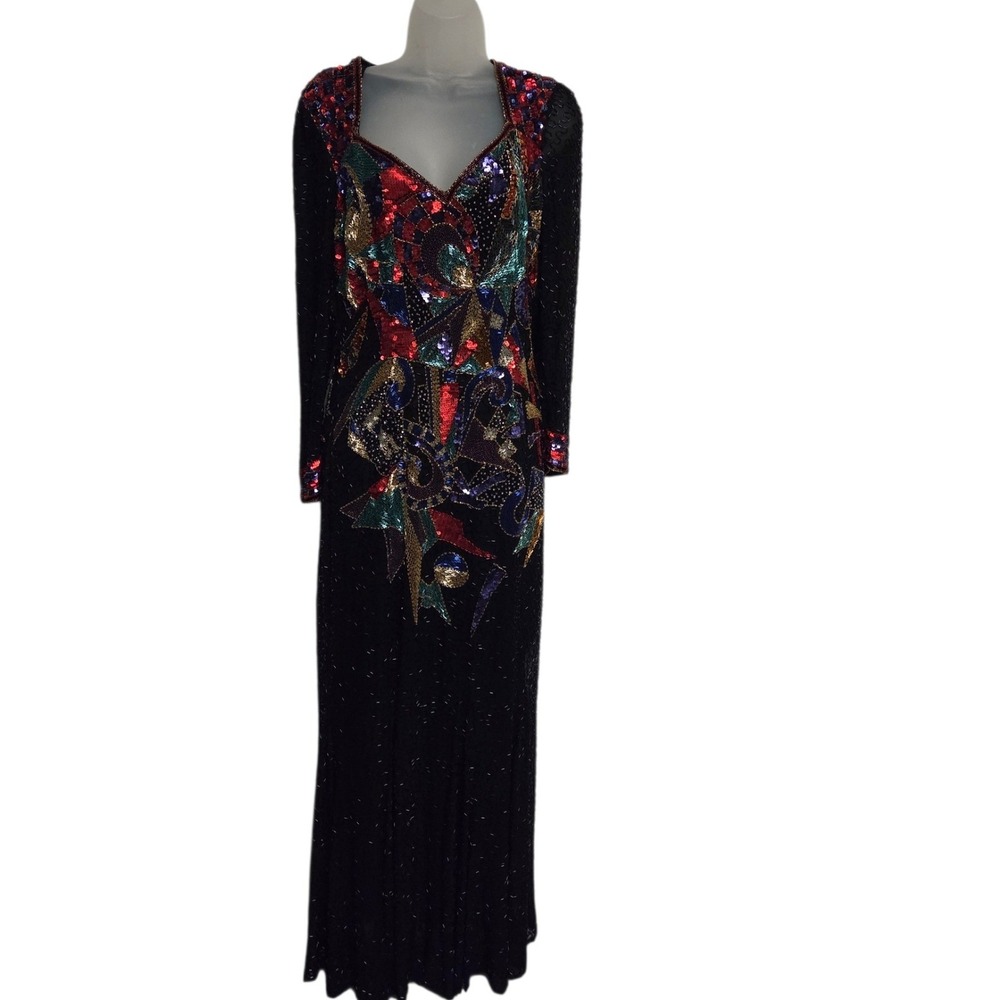 Vintage 80s Silk Vintage Beaded Sequin Gown Multi Color Long SOpen Back Dress